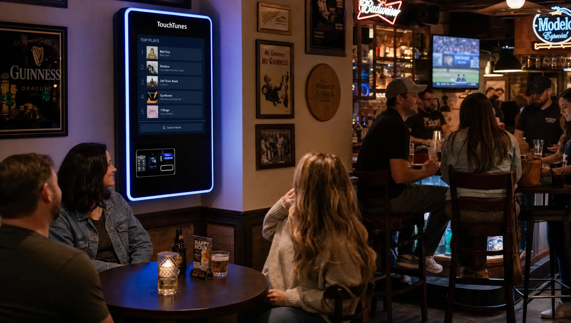 A medium view of a neighborhood bar with a digital jukebox mounted near the wall, a few guests at nearby tables talking and looking toward the music area, and a relaxed social atmosphere around drinks and conversation.