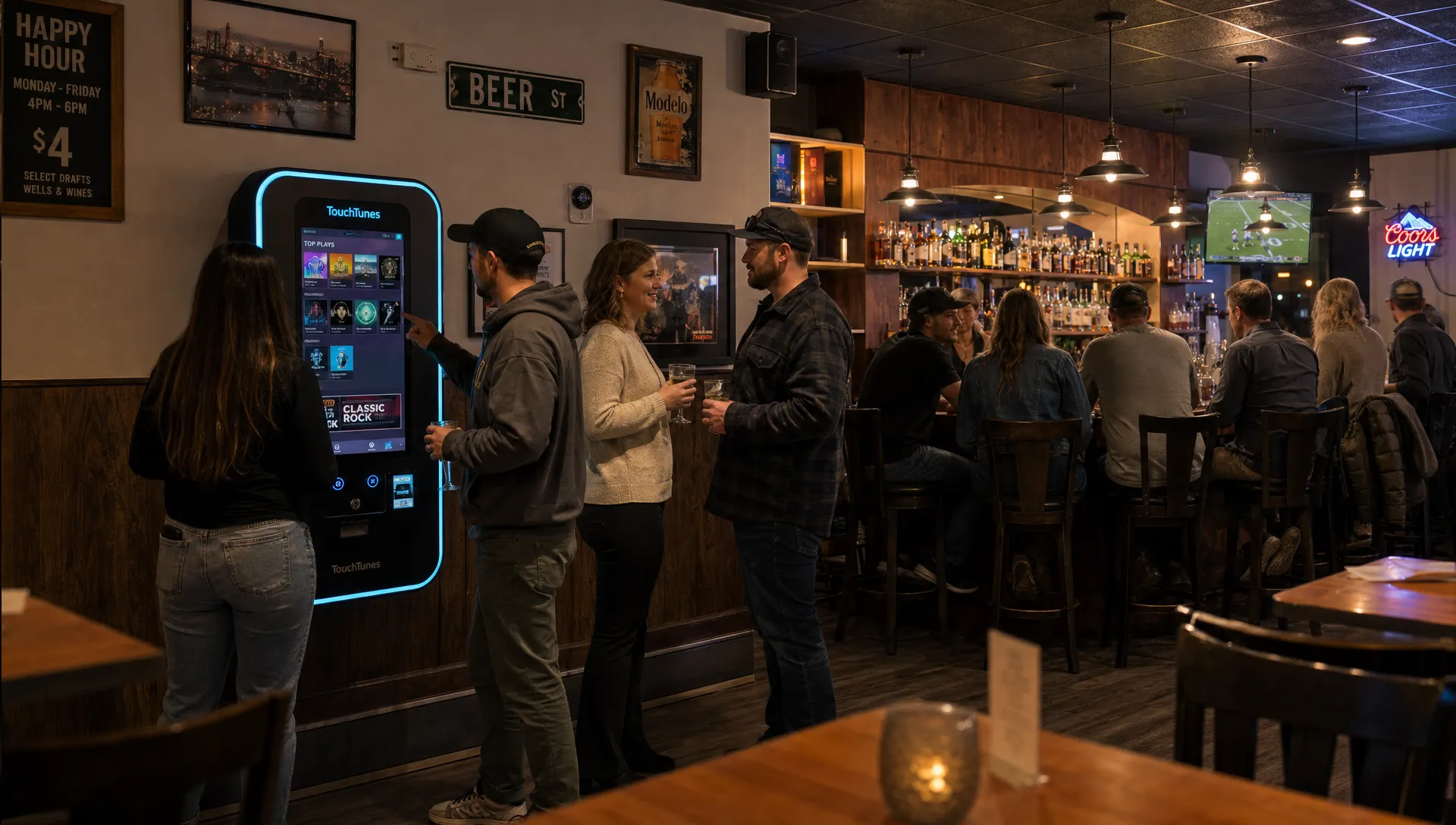 A wide view of a neighborhood bar with a modern digital jukebox near the wall, small groups of guests talking and choosing songs, bar stools filled, and a warm social atmosphere around the room.